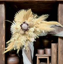 Load image into Gallery viewer, Rustic Wooden Arbour arch with 2  x boho flowers - HIRE ONLY
