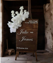 Load image into Gallery viewer, Rustic wooden easel with white flowers - Welcome sign - HIRE ONLY
