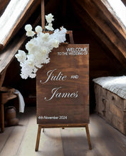 Load image into Gallery viewer, Rustic wooden easel with white flowers - Welcome sign - HIRE ONLY
