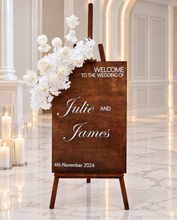 Load image into Gallery viewer, Rustic wooden easel with white flowers - Welcome sign - HIRE ONLY
