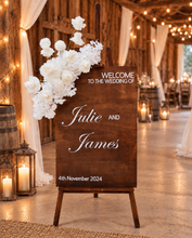 Load image into Gallery viewer, Rustic wooden easel with white flowers - Welcome sign - HIRE ONLY
