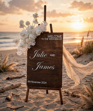 Load image into Gallery viewer, Rustic wooden easel with white flowers - Welcome sign - HIRE ONLY
