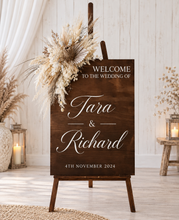 Load image into Gallery viewer, Rustic wooden easel with boho flowers - Welcome sign - HIRE ONLY
