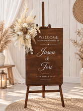 Load image into Gallery viewer, Rustic wooden easel with boho flowers - Welcome sign - HIRE ONLY
