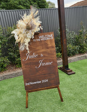 Load image into Gallery viewer, Rustic wooden easel with boho flowers - Welcome sign - HIRE ONLY
