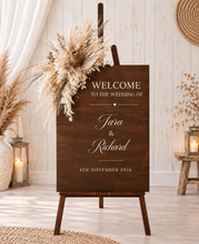 Load image into Gallery viewer, Rustic wooden easel with boho flowers - Welcome sign - HIRE ONLY
