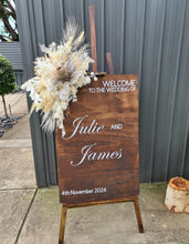Load image into Gallery viewer, Rustic wooden easel with boho flowers - Welcome sign - HIRE ONLY
