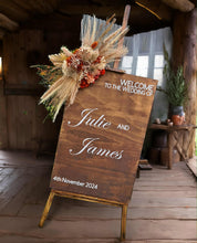 Load image into Gallery viewer, Rustic wooden easel with rustic small flowers - Welcome sign - HIRE ONLY
