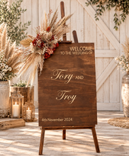 Load image into Gallery viewer, Rustic wooden easel with rustic small flowers - Welcome sign - HIRE ONLY
