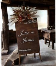 Load image into Gallery viewer, Rustic wooden easel with rustic medium flowers - Welcome sign - HIRE ONLY
