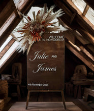 Load image into Gallery viewer, Rustic wooden easel with rustic medium flowers - Welcome sign - HIRE ONLY
