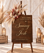 Load image into Gallery viewer, Rustic wooden easel with rustic medium flowers - Welcome sign - HIRE ONLY

