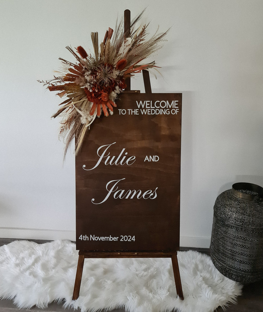Rustic wooden easel with rustic medium flowers - Welcome sign - HIRE ONLY