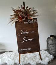 Load image into Gallery viewer, Rustic wooden easel with rustic medium flowers - Welcome sign - HIRE ONLY
