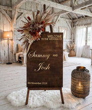 Load image into Gallery viewer, Rustic wooden easel with rustic medium flowers - Welcome sign - HIRE ONLY
