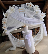 Load image into Gallery viewer, White double circle backdrop package w flowers and plinth - HIRE ONLY
