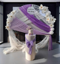 Load image into Gallery viewer, White &amp; purple double circle backdrop package w flowers and plinth - HIRE ONLY
