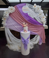 Load image into Gallery viewer, White &amp; purple double circle backdrop package w flowers and plinth - HIRE ONLY

