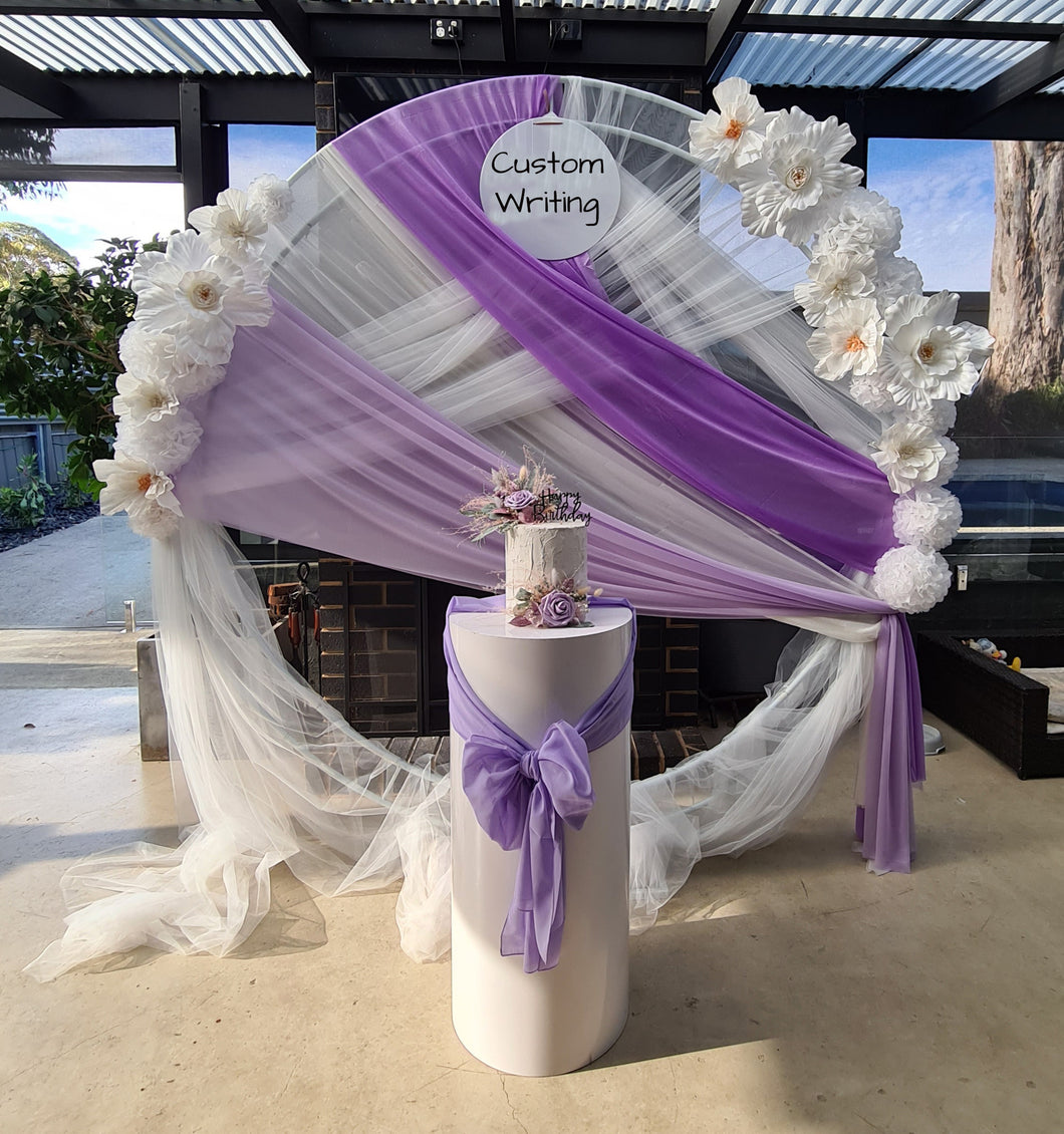 White & purple double circle backdrop package w flowers and plinth - HIRE ONLY