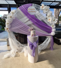 Load image into Gallery viewer, White &amp; purple double circle backdrop package w flowers and plinth - HIRE ONLY
