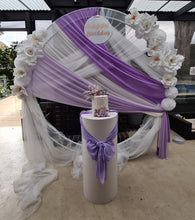 Load image into Gallery viewer, White &amp; purple double circle backdrop package w flowers and plinth - HIRE ONLY
