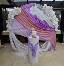 Load image into Gallery viewer, White &amp; purple double circle backdrop package w flowers and plinth - HIRE ONLY
