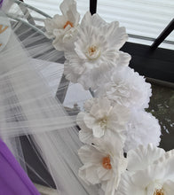 Load image into Gallery viewer, White &amp; purple double circle backdrop package w flowers and plinth - HIRE ONLY
