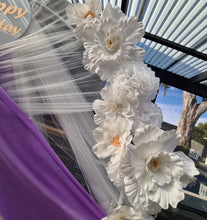 Load image into Gallery viewer, White &amp; purple double circle backdrop package w flowers and plinth - HIRE ONLY
