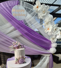 Load image into Gallery viewer, White &amp; purple double circle backdrop package w flowers and plinth - HIRE ONLY
