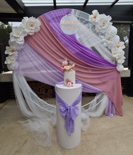 Load image into Gallery viewer, White &amp; purple double circle backdrop package w flowers and plinth - HIRE ONLY
