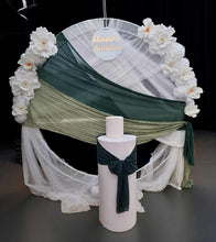 Load image into Gallery viewer, White &amp; green double circle backdrop package w flowers and plinth - HIRE ONLY
