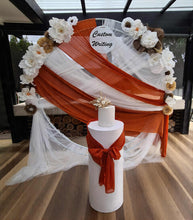 Load image into Gallery viewer, White &amp; orange double circle backdrop package w flowers and plinth - HIRE ONLY
