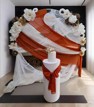 Load image into Gallery viewer, White &amp; orange double circle backdrop package w flowers and plinth - HIRE ONLY

