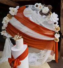 Load image into Gallery viewer, White &amp; orange double circle backdrop package w flowers and plinth - HIRE ONLY

