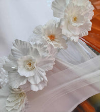 Load image into Gallery viewer, White &amp; orange double circle backdrop package w flowers and plinth - HIRE ONLY
