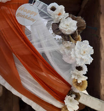 Load image into Gallery viewer, White &amp; orange double circle backdrop package w flowers and plinth - HIRE ONLY
