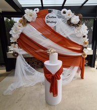 Load image into Gallery viewer, White &amp; orange double circle backdrop package w flowers and plinth - HIRE ONLY

