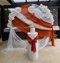 Load image into Gallery viewer, White &amp; orange double circle backdrop package w flowers and plinth - HIRE ONLY
