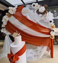 Load image into Gallery viewer, White &amp; orange double circle backdrop package w flowers and plinth - HIRE ONLY
