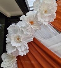 Load image into Gallery viewer, White &amp; orange double circle backdrop package w flowers and plinth - HIRE ONLY
