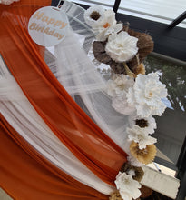 Load image into Gallery viewer, White &amp; orange double circle backdrop package w flowers and plinth - HIRE ONLY

