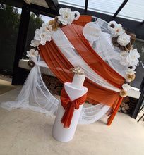 Load image into Gallery viewer, White &amp; orange double circle backdrop package w flowers and plinth - HIRE ONLY
