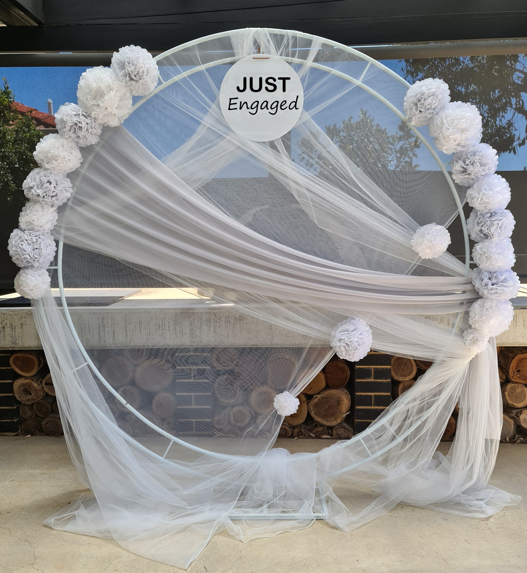 White & light grey double circle backdrop and flowers - HIRE ONLY