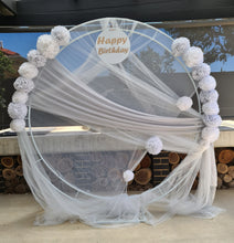 Load image into Gallery viewer, White &amp; light grey double circle backdrop and flowers - HIRE ONLY
