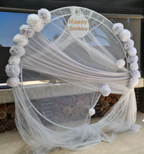 Load image into Gallery viewer, White &amp; light grey double circle backdrop and flowers - HIRE ONLY
