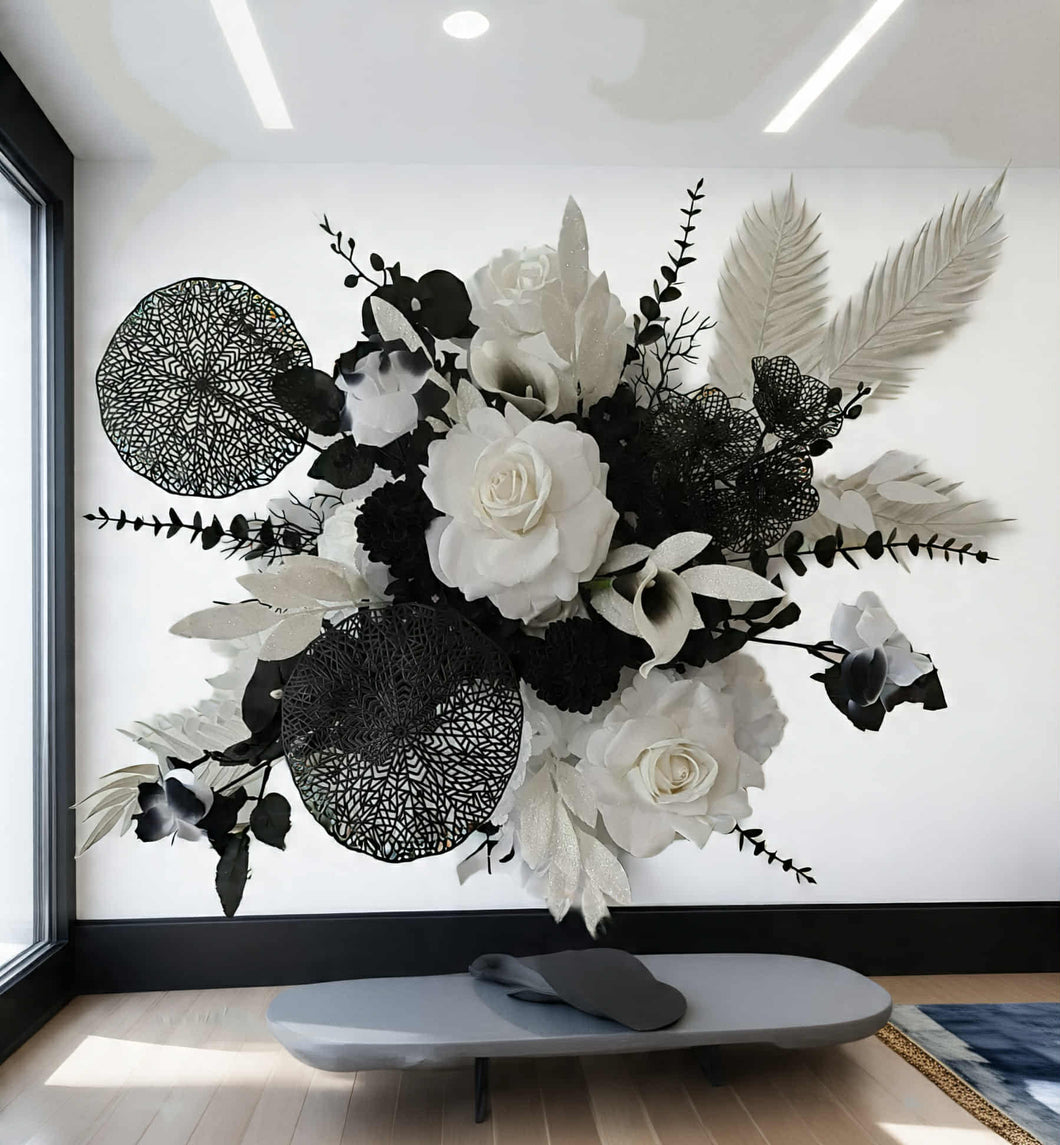 Black & White hanging flowers for backdrop, arch, arbour - HIRE ONLY