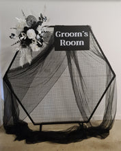 Load image into Gallery viewer, Black hexagonal backdrop &amp; flowers - HIRE ONLY
