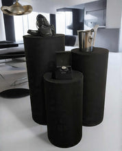 Load image into Gallery viewer, Set of 3 Black Cylinder Plinths – Grooms Preparation Room - HIRE ONLY
