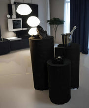 Load image into Gallery viewer, Set of 3 Black Cylinder Plinths – Grooms Preparation Room - HIRE ONLY

