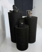 Load image into Gallery viewer, Set of 3 Black Cylinder Plinths – Grooms Preparation Room - HIRE ONLY
